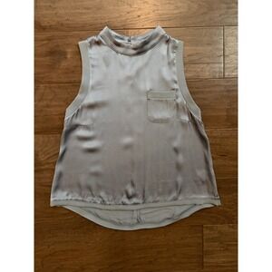Fate Womens Steel Blue Grey Satin Mock Neck‎ Sleeveless Top Size M Pocket Blouse